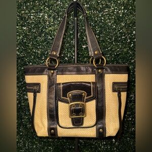 Coach Dark Brown Leather & Wicker Handbag Shoulder Bag Tote Purse 15x10 Vintage